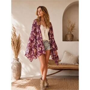 Winter Kate Jasmine Velvet Paisley Kimono Cardigan- Purple Boho Chic Aesthetic